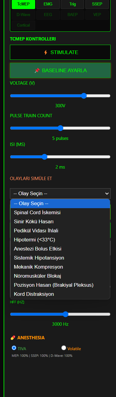 TcMEP Kontrol Paneli — Stimülasyon Parametreleri ve Olay Simülasyonu